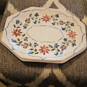 1990 Dover Pottery Floral Glazed Ceramic Plate In Red and Blue Accents